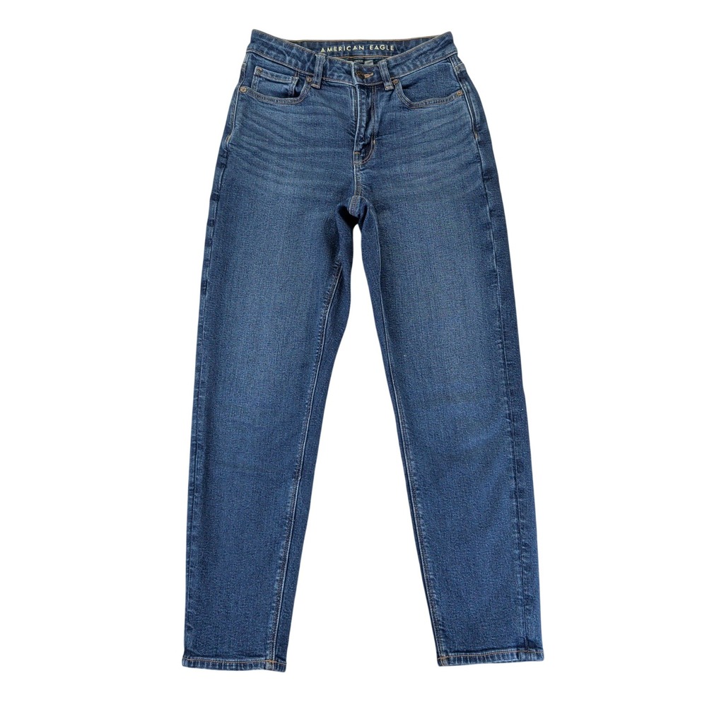 American‎ Eagle Mom Jeans Womens 2 Regular Blue High Rise Tapered Stretch Denim